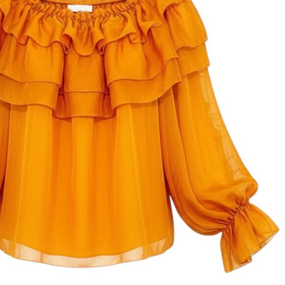 Alice + Olivia Silk Blouse Gold Off-Shoulder Ruffle XS - Picture 2 of 10